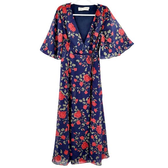 Fame AND Partners Navy Floral Multicolored Bell Sleeve Maxi Wrap Dress Women's S - Picture 2 of 11